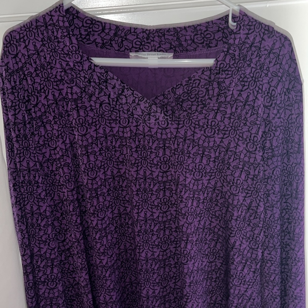 Mercer Street Studio Purple Black Blouse 3/4 Sleeve Size XL